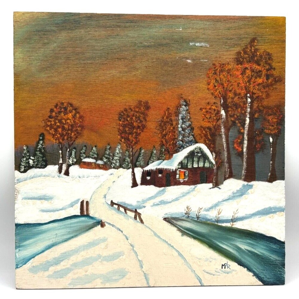 Winter Scene‎ Painting Hand Painted Original Acrylic Rough Wood Raw Edge Signed